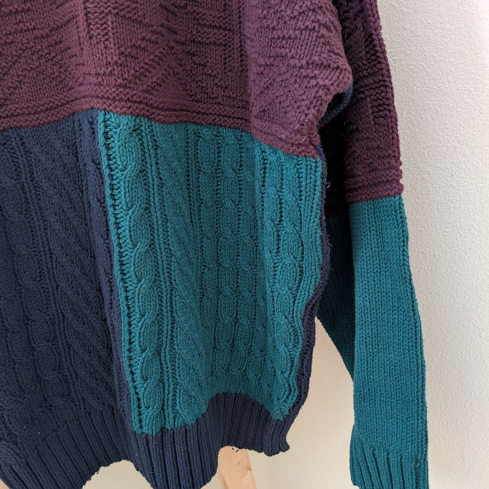 Vintage Eddie Bauer Chunky Colorblock Cable Knit Crewneck Sweater In Navy Blue - Picture 6 of 9